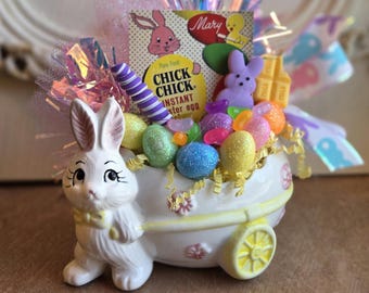 Easter Bunny And Candy Egg Cart Assemblage