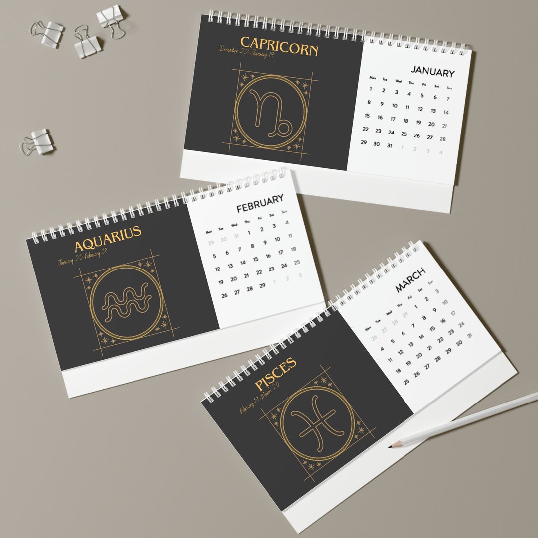 Black Desk Calendar 2024 Yearly Calendar With Horoscope Etsy