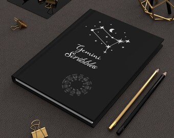 Gemini Scribbles Notebook| Black A5 Matte Hardcover, Lined Journal With Zodiac Sign