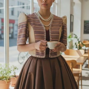 May include: A woman wearing a brown skirt and a striped jacket with a cream-colored bodice, holding a white cup. The jacket has short sleeves and a decorative trim. She is also wearing a pearl necklace. The background shows a cafe setting with windows and plants.