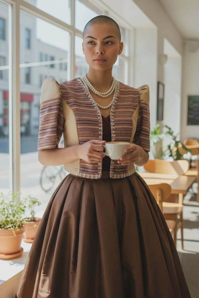 May include: A woman wearing a brown skirt and a striped jacket with a cream-colored bodice, holding a white cup. The jacket has short sleeves and a decorative trim. She is also wearing a pearl necklace. The background shows a cafe setting with windows and plants.