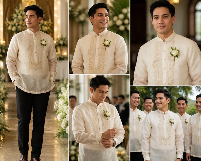 Barong Tagalog (Bienvenido) (SA-BT-010) Beige. Pina Cocoon. image 11