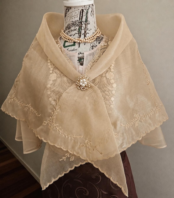 Embroidered Filipiniana Amparo Panuelo Shawl | Elegant Traditional Filipino Scarf Wrap  (SA-PA-006), Beige or Cream.