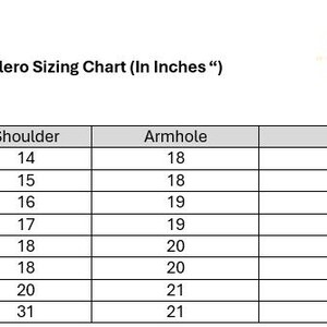May include: Bolero sizing chart in inches, with measurements for shoulder, armhole, and bust. Sizes range from Small to 5XL, with bust measurements from 35 to 49 inches. The chart is labeled "Sariling Atin".