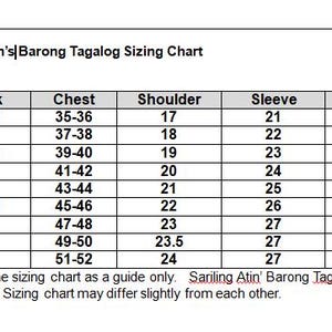 May include: A black and white sizing chart titled Sariling Atin's Barong Tagalog Sizing Chart Inches (In). The table lists sizes from XS to 5XL with corresponding measurements for neck, chest, shoulder, sleeve, and length in inches.
