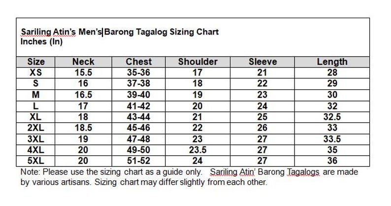 May include: A black and white sizing chart titled Sariling Atin's Barong Tagalog Sizing Chart Inches (In). The table lists sizes from XS to 5XL with corresponding measurements for neck, chest, shoulder, sleeve, and length in inches.
