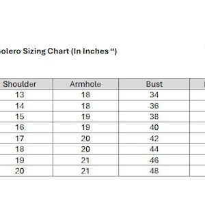 以下が含まれることがあります： 「Sariling Atin - Bolero Sizing Chart (In Inches)」というタイトルの白いチャートで、肩、アームホール、バスト、アンダーバストの測定値が記載されています。サイズはSmallから5XLまでで、インチ単位で測定されています。