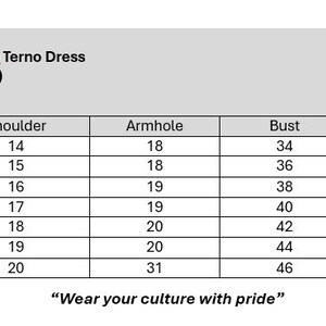 May include: A sizing chart for a Filipiniana Terno Dress, with measurements in inches. The chart includes sizes from Small to 4XL, detailing shoulder, armhole, bust, and waist measurements. The text "Wear your culture with pride" is at the bottom.
