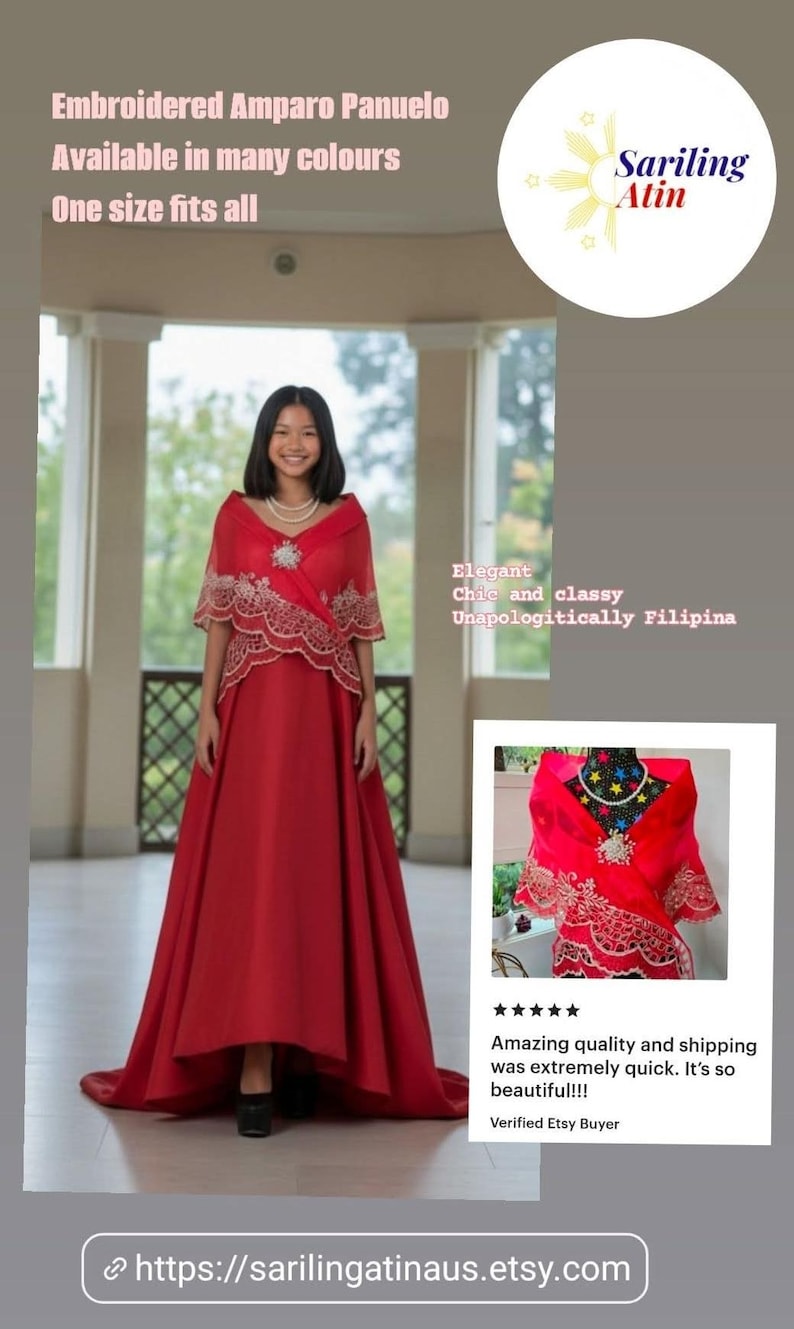 May include: A red Amparo Panuelo featuring intricate gold embroidery along the scalloped edges and a central decorative brooch. The garment is worn over a matching red floor-length dress with a V-neckline and a wide, draped shawl-style collar.