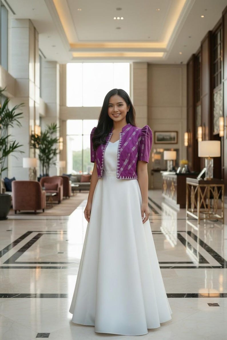 May include: A woman wearing a white dress and a purple bolero jacket with a white top underneath. The bolero has short sleeves and a patterned design. The background is a well-lit interior with marble flooring and large windows.