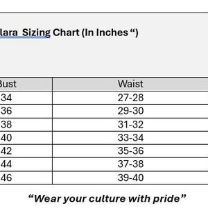 May include: A sizing chart for Maria Clara clothing, in inches, with bust, waist, and hip measurements for sizes small through 4XL. The chart includes the text "Wear your culture with pride" and a logo.