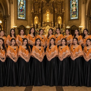 May include: A group of individuals wearing matching outfits consisting of long, solid black skirts and orange, sheer, lace-trimmed shawls with intricate floral embroidery. The shawls are draped over the shoulders, featuring scalloped edges.