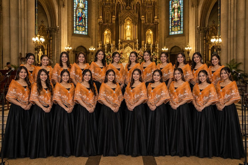 May include: A group of individuals wearing matching outfits consisting of long, solid black skirts and orange, sheer, lace-trimmed shawls with intricate floral embroidery. The shawls are draped over the shoulders, featuring scalloped edges.
