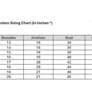 May include: A white chart titled "Sariling Atin - Bolero Sizing Chart (In Inches)" with measurements for shoulder, armhole, bust, and lower bust. Sizes range from Small to 5XL, with measurements in inches.