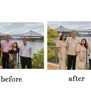 May include: Two images side-by-side showing a family posing in front of a bridge over a river. The left image is labeled "before" and shows the family in casual attire. The right image, labeled "after", shows the family in matching formal wear.