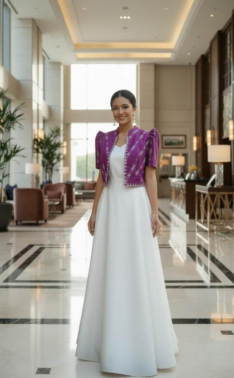 May include: A woman wearing a white floor-length dress and a purple bolero jacket with short sleeves. The jacket has a geometric pattern and a white trim. The woman is smiling in a well-lit, elegant interior.