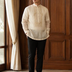 Barong Tagalog (Bienvenido) (SA-BT-010) Beige. Pina Cocoon. image 10