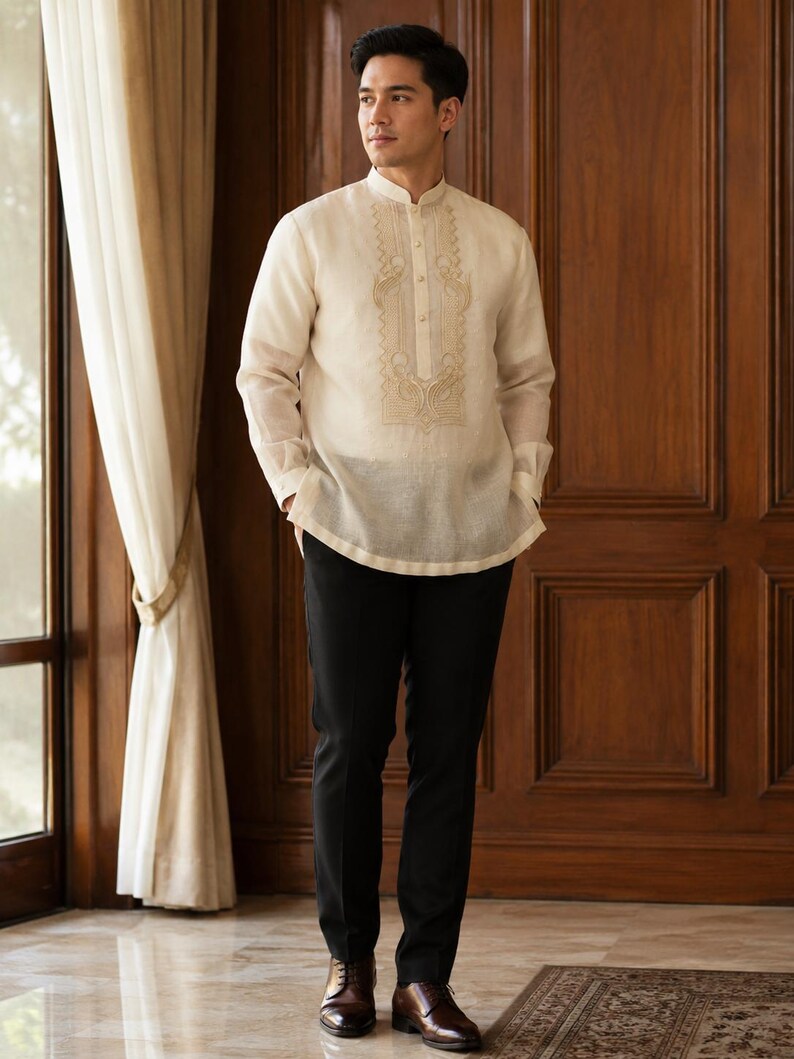 Barong Tagalog (Bienvenido) (SA-BT-010) Beige. Pina Cocoon. image 10