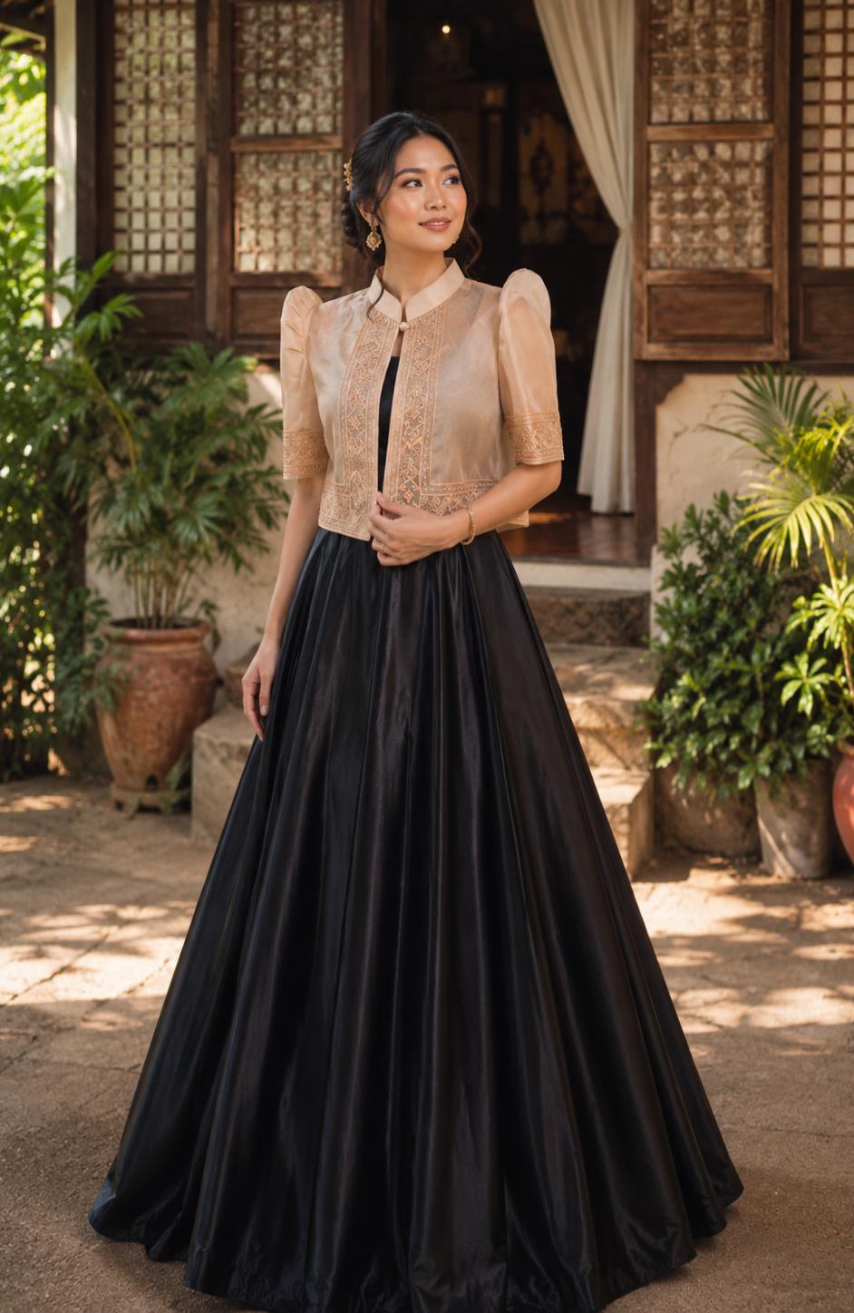 organza filipiniana dress Organza Black Embriodered Filipiniana Barong Dress - Lotty