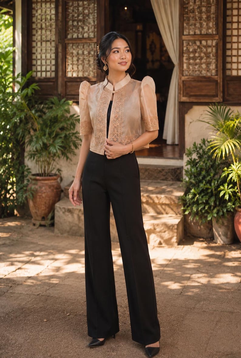 May include: A beige organza bolero jacket with short puff sleeves, a mandarin collar, and intricate embroidery along the front edges, paired with high-waisted black wide-leg trousers and a simple black top underneath the sheer jacket.