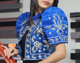 Embroidered Filipiniana Bolero, Royal Blue Pina Organza, Philippine Heritage