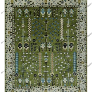 Green and Ivory, Tree of Life Vintage Persian Hand Knotted, Antique Turkish Area Wool Rug, Living Room ,home decor, office, bedroom 9x12