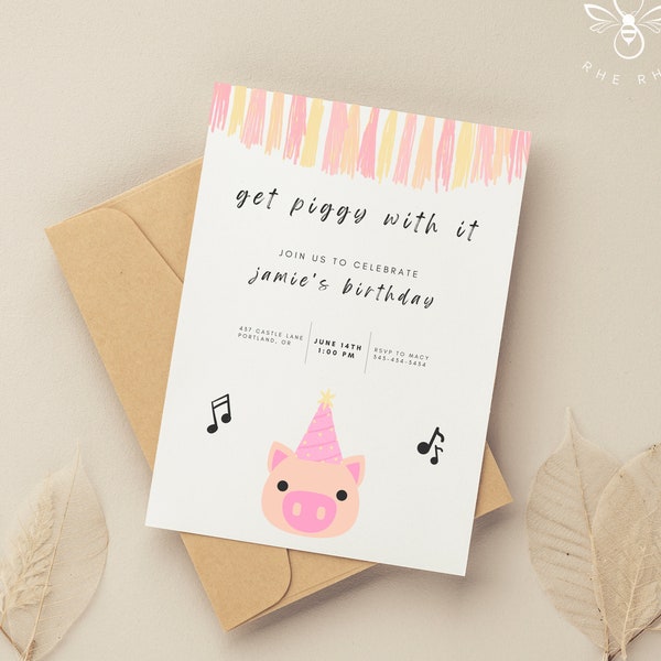 Editable Pig Party Invite, get jiggy with it, get piggy with it, musical pig invite, pig birthday, pig invitation, pink yellow invite