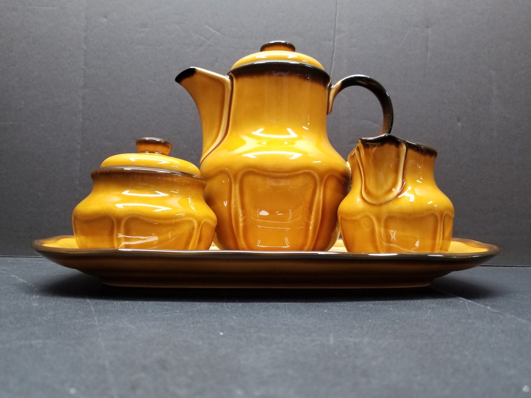 Vintage Cadmium and Lead Free Tea Set Cup & Saucer Teapot Poland Brown