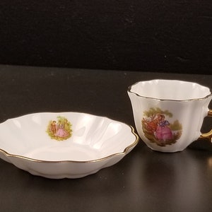 Vintage Porcelaine Limoges Castel France Romantic Couple Tea Cup & Plate Gold Trim