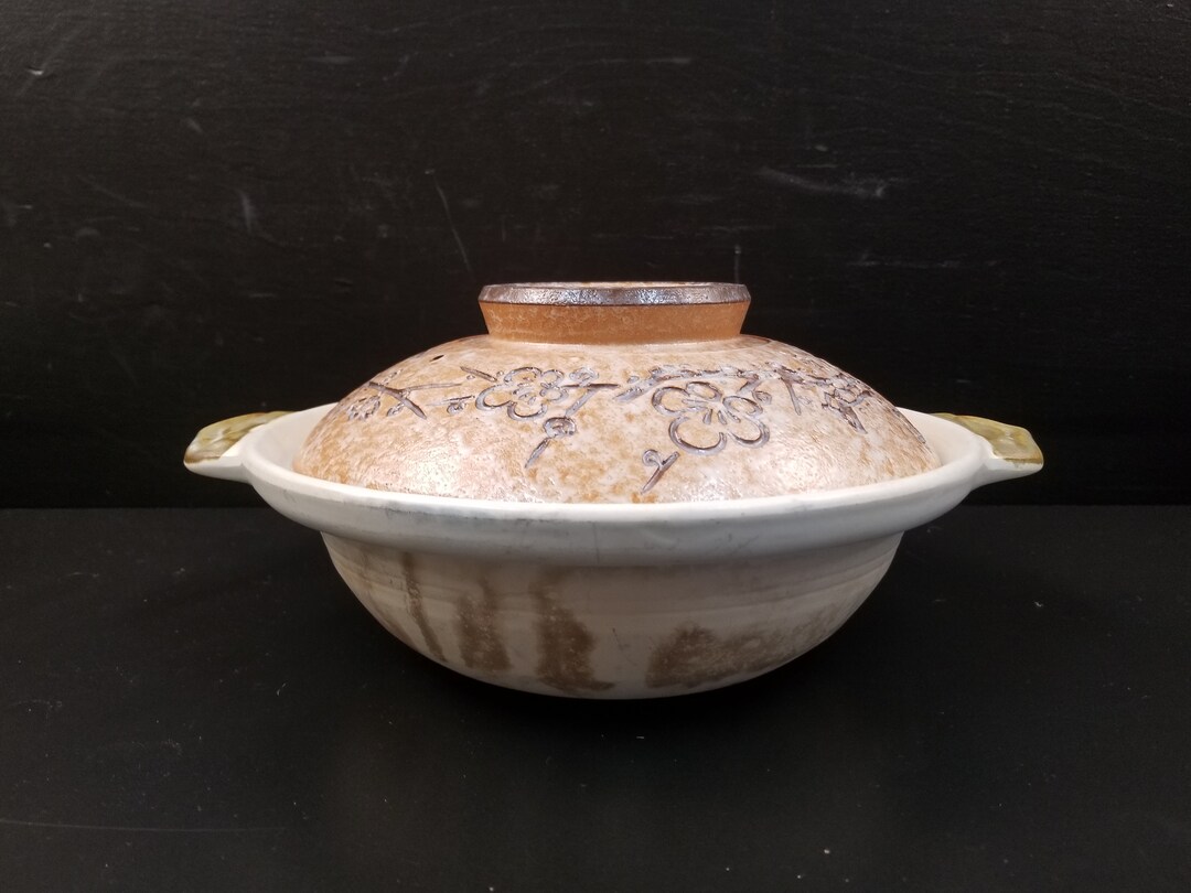 Vintage Donabe Japanese Ceramic Rice Cooker Flowers Burnt Orange