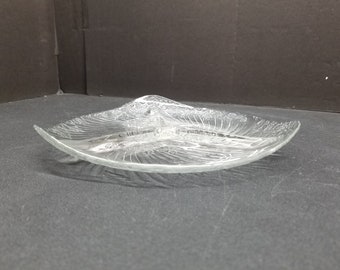 3 Section Divided Clear Glass Serving Dish Relish Tray Candy Nut with Floral Pattern