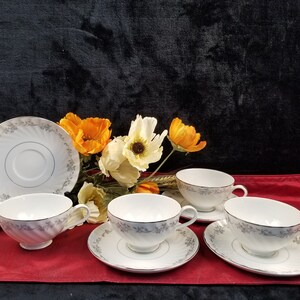 Vintage Citation Fine China Porcelain Silver Trim Tea Cups & Saucers Diane Pattern Set of 4
