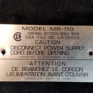 Vintage Audio Reflex MR-110 Turntable Replacement Model Plate Number