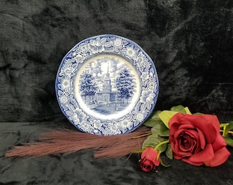 Vintage Liberty Blue Historic Colonial Scenes Staffordshire Ironstone Independance Hall Dinner Plate 10"