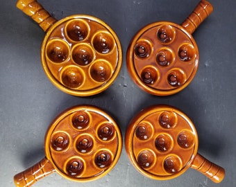 Vintage escargot caracol/prato de cogumelo servidor marrom cerâmica 6 furos conjunto de 4