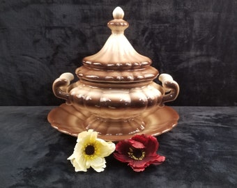 Vintage Porcelain Soup Tureen With Ladle And Plate Cream & Brown