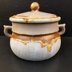 May include: A white ceramic pot with a brown glaze and a lid. The pot has a round body and two handles. The lid has a knob on top.