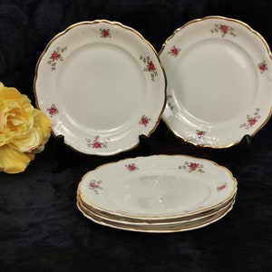 Vintage Walbrzych Made in Poland Embossed Rim Pink Roses 6 3/4&quot; Salad Plate Set of 5