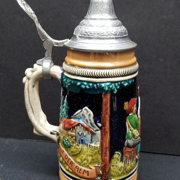 AUF DER ALM' Original Belle bière allemande vintage Stein 7''