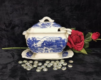 Vintage Trimont Ware Castle Transfer Soup Tureen Blue & White with Lid Laddle and Underplate