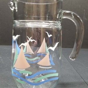 Vintage Ice Lip Glass Pitcher with Sailling Ship Design