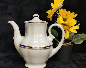 Vintage Favolina Polish Gold White and Blue Fine China Porcelain Made in Poland Teapot