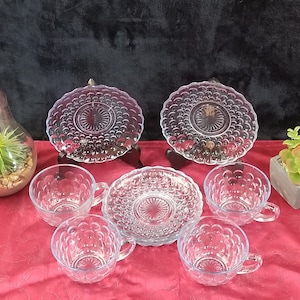 Vintage Anchor Hocking Blue Bubble Depression Glass Tea Cups And Saucers Set of 4
