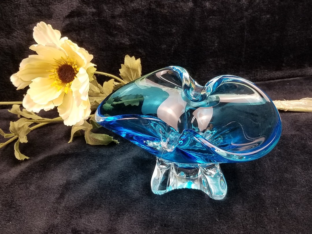 Vintage Blown Glass Blue Ashtray Canadian Glass Etsy