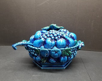 Inarco Japan Mood Indigo Blue Tureen & Lid 82 Oz Heavy Embossed Fruit Cobalt Blue