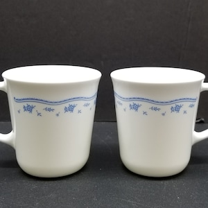 Vintage Corning / Corelle &#39;&#39;Morning Blue&#39;&#39; 2 Coffee Cups / Mugs White & Blue Flowers USA