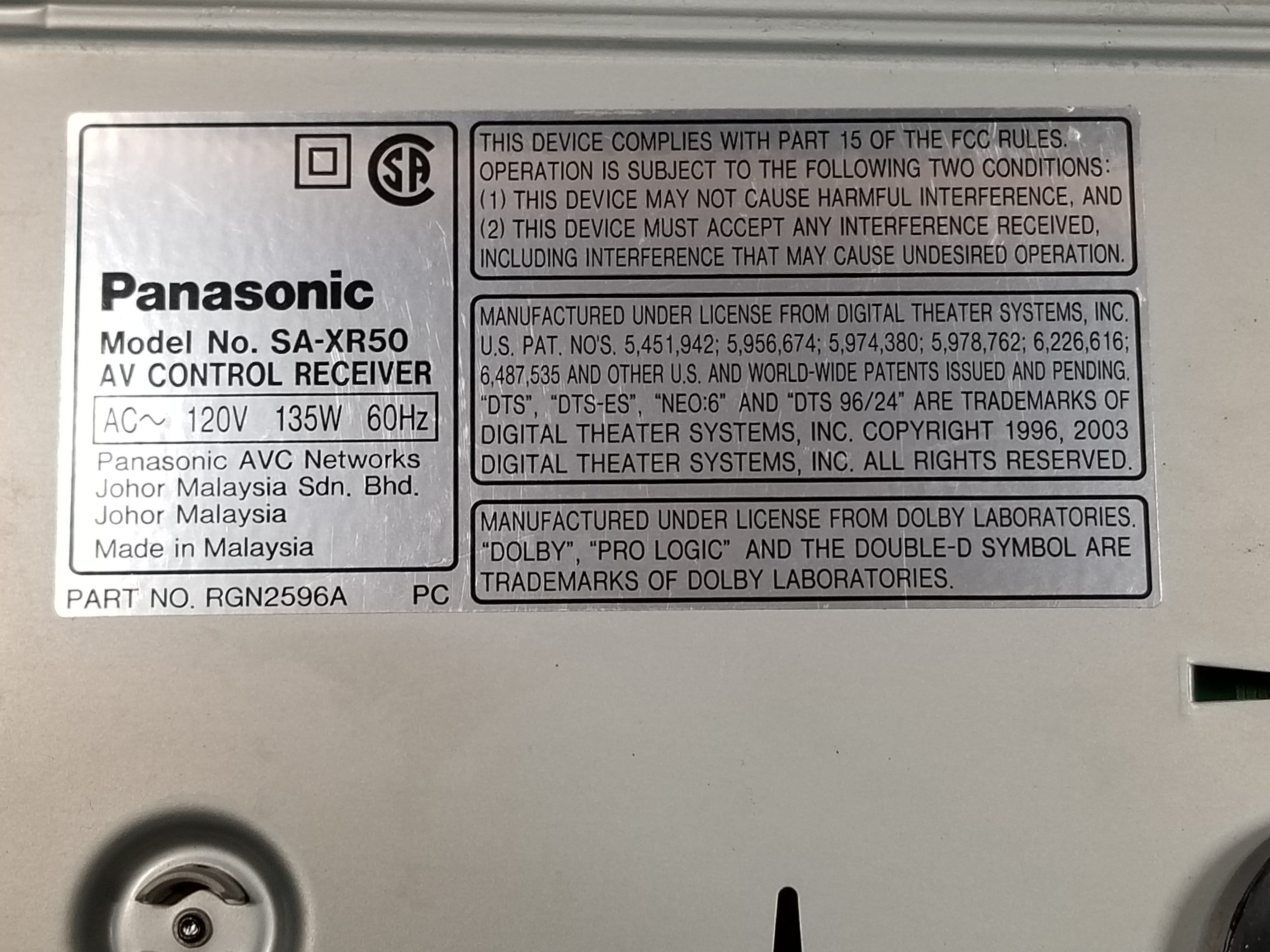 Panasonic SA-XR50 AV Control Receiver Digital Amplifier