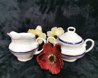 Vintage Favolina Polish Gold White and Blue Fine China Porcelain Made in Poland Sugar Bowl and Creamer