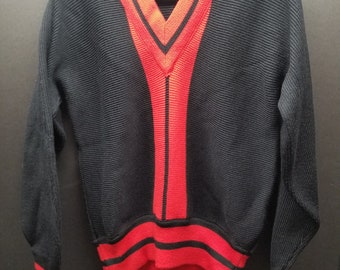 Sweter vintage marki France-Knit, męski, rozmiar średni, czarno-czerwony
