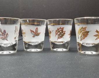 Vintage Libbey Shot Glasses Set of 4 Gold Etched Leaves Mid-Century